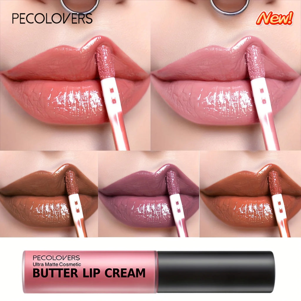 Pecolovers moisturizing butter lip cream, high-pigment non-sticky liquid lipstick in assorted nude and red shades.