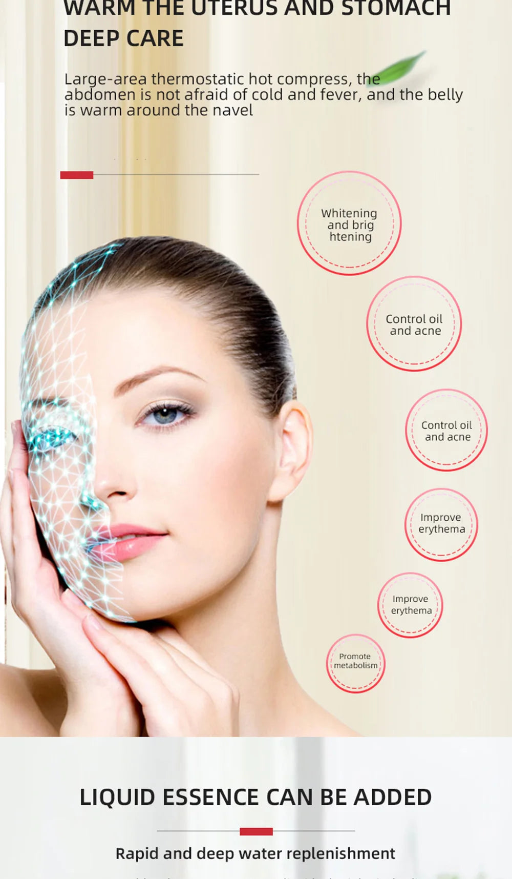 Woman with a digital blue light grid over her face next to pink benefit text bubbles for an LED skin therapy device.