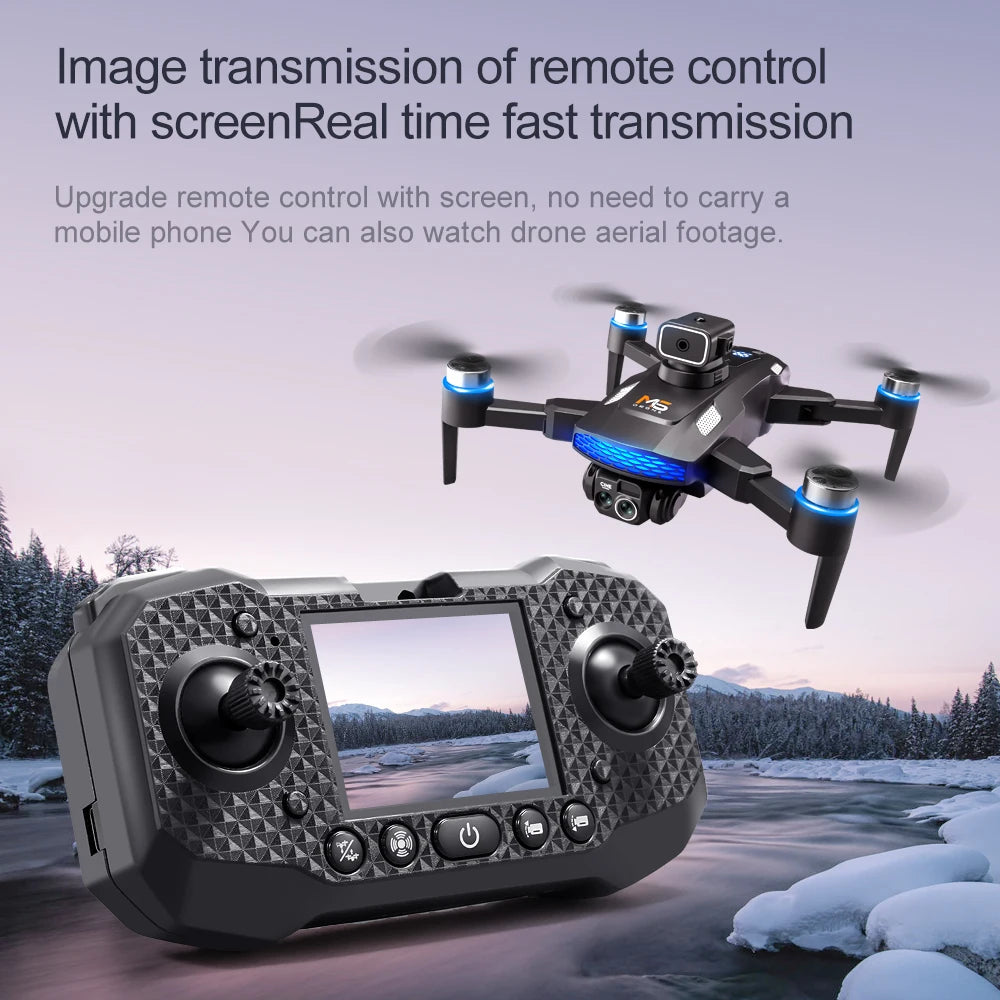 M5 drone with black body, blue lights, and a matching textured remote controller featuring a built-in display screen.