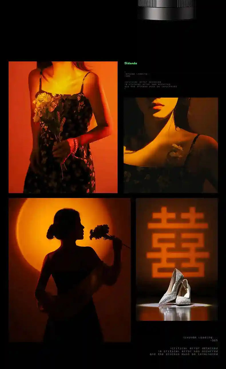 Glittery stiletto pumps with pointed toes, displayed against a dark background with orange decorative projection