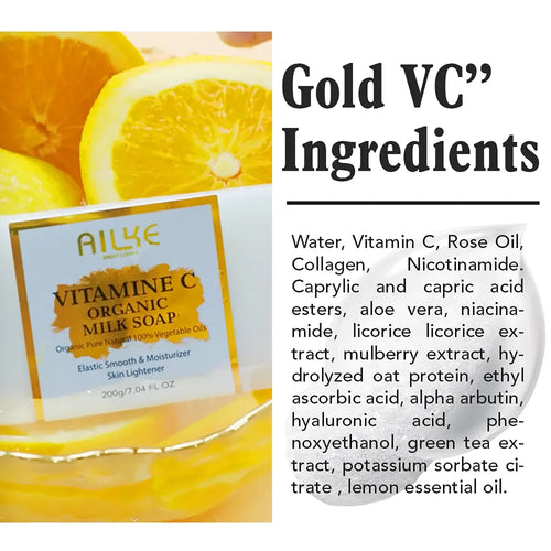 Vitamin C organic milk soap label card with close-up of soap packaging