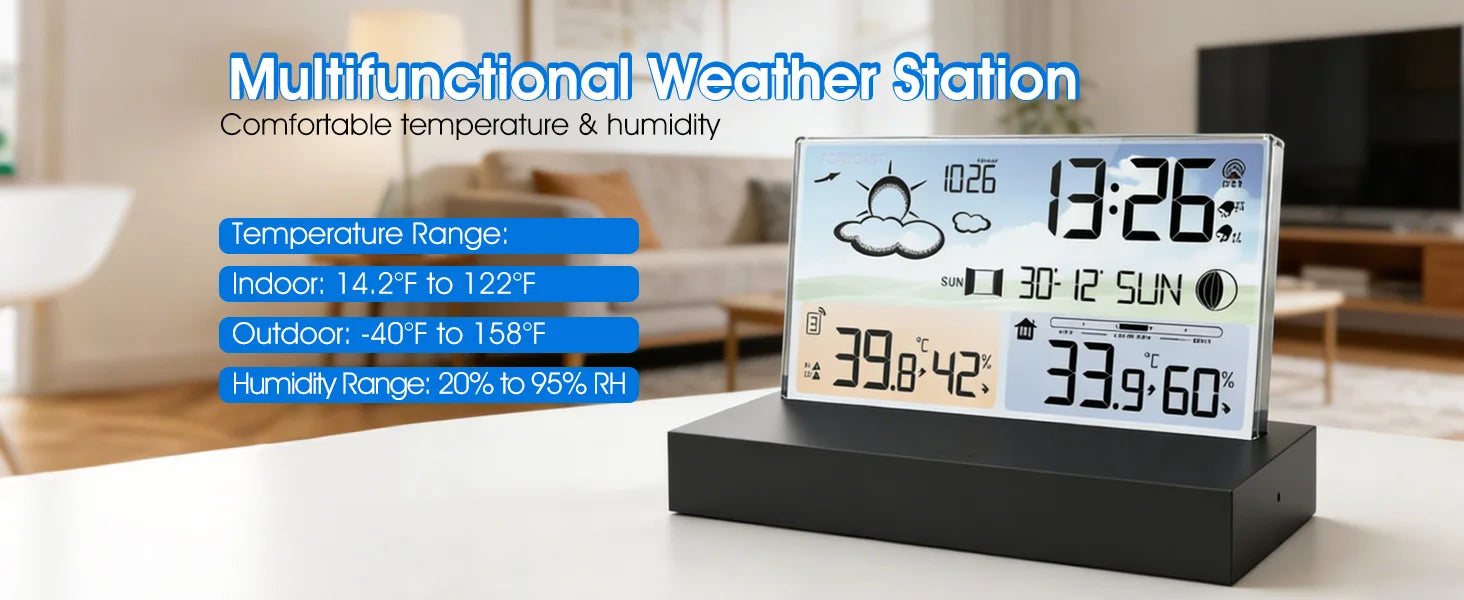 Indoor/Outdoor Weather Station With Alarm Clock – Accurate Thermometer, Hygrometer & 7-Day Forecast Calendar, For Desktop