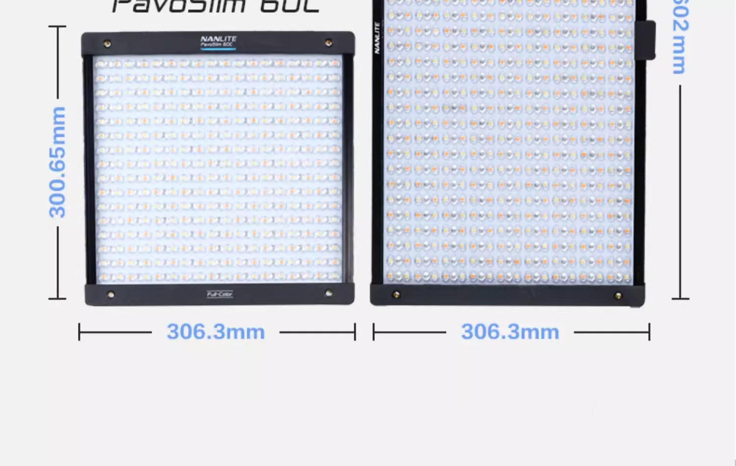 PavoSlim 60C and 60CL LED panels with metal frames and dense LED grids for professional studio and video lighting.