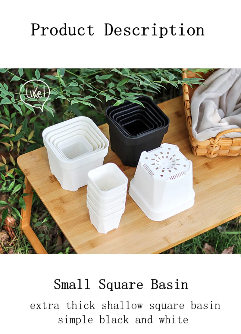 White and black square plant basins with vented drainage holes