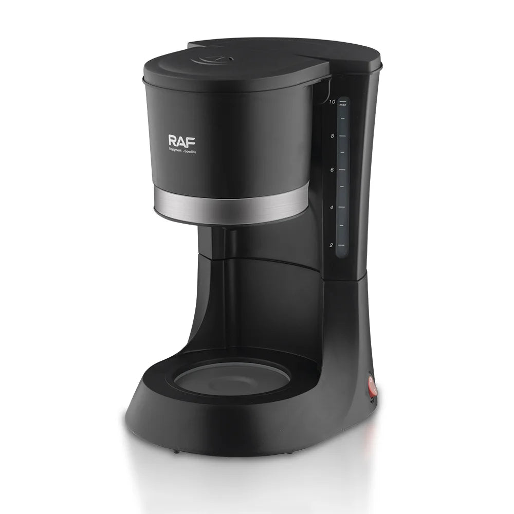 Black RAF 10-cup drip coffee maker with silver accent and easy-read water level indicator on white background.