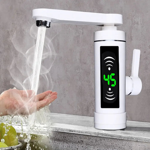 White electric instant water heater tap with flowing water and green LED temperature display