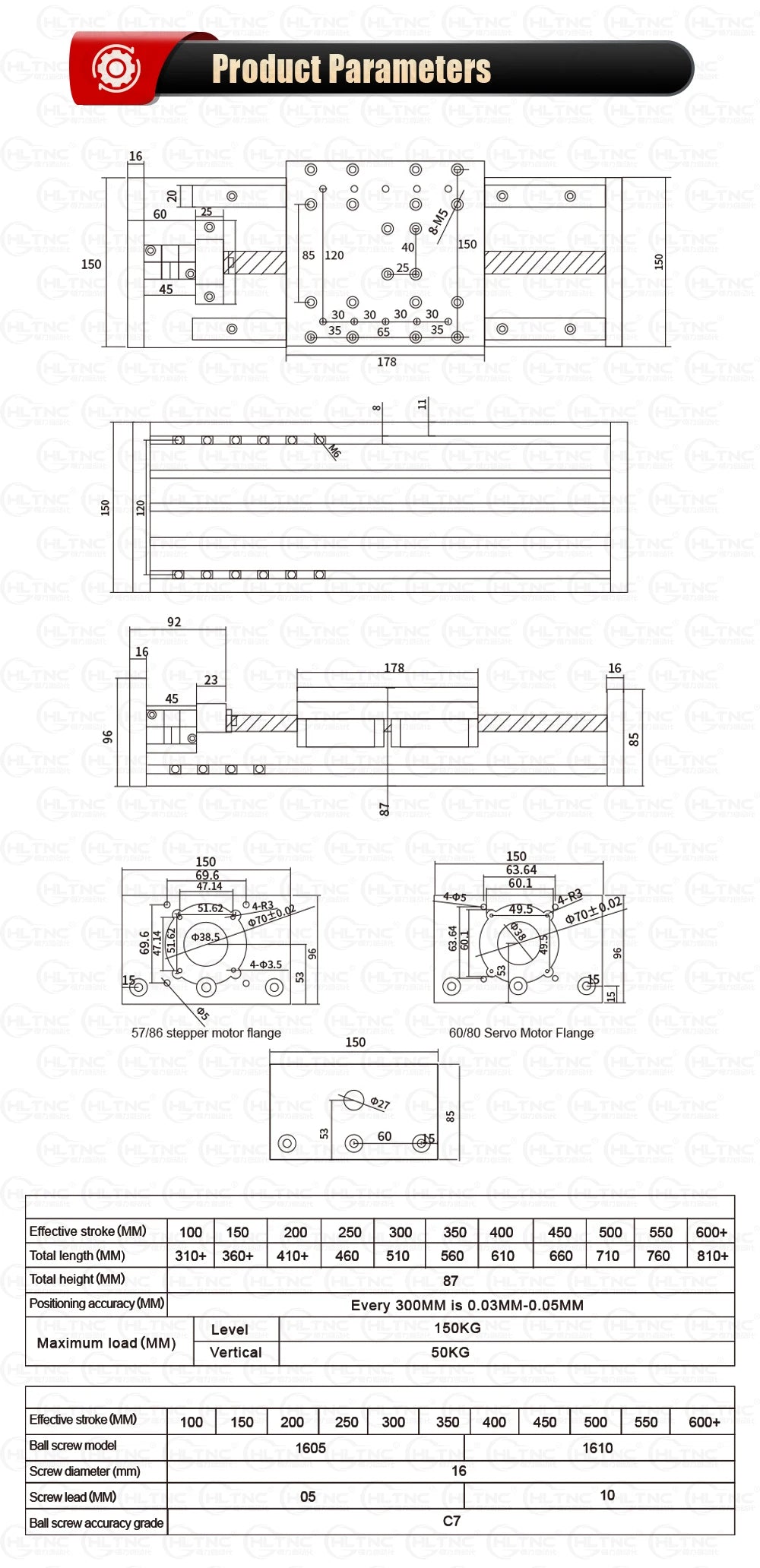 Sliding Table Stage Linear Module With 100mm to 850mm Effective Moving Length + HGR20 Guide Rails + 1605 1610 Ballscrew For CNC