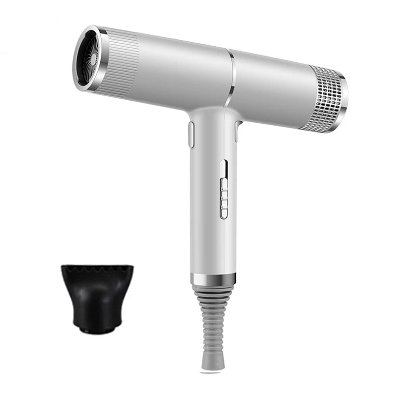 Silver leafless ionic hair dryer with temperature control, quick-dry motor, and black styling nozzle attachment.