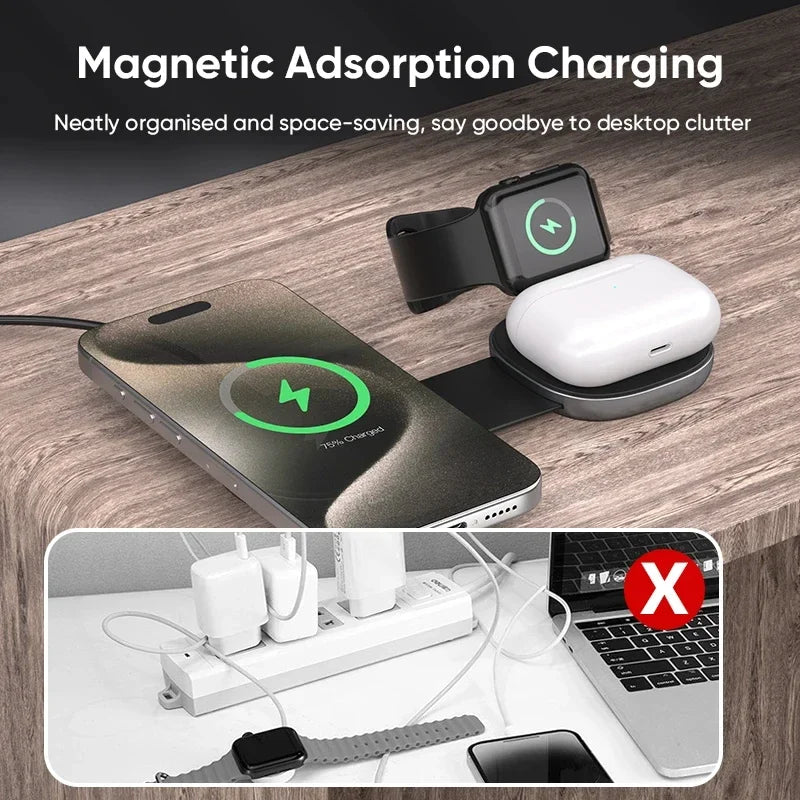 3-in-1 Wireless Travel Charger: Foldable MagSafe Compatible Dock Tidesmit