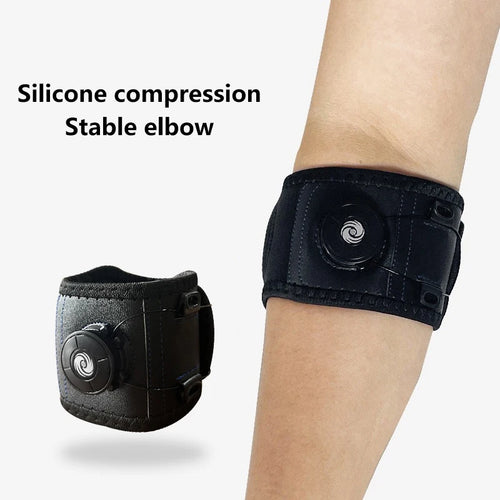 Black silicone compression elbow brace for pain relief and stable orthopedic support.