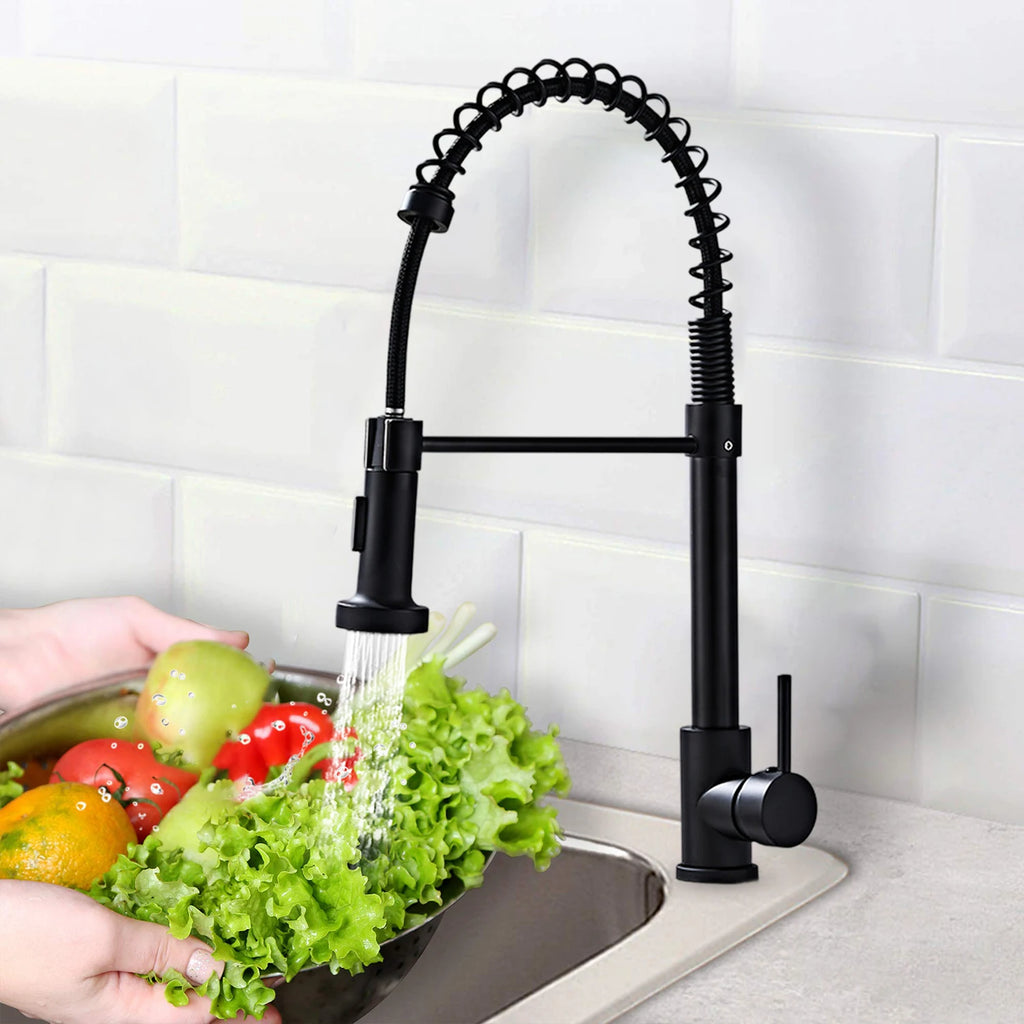 Kitchen Faucets Pull Out Sink Water Tap with Ceramic Valve Hot & Cold Water Different Water Flow Modes Deck Mounted 360° Rotation Fit for Two Sinks