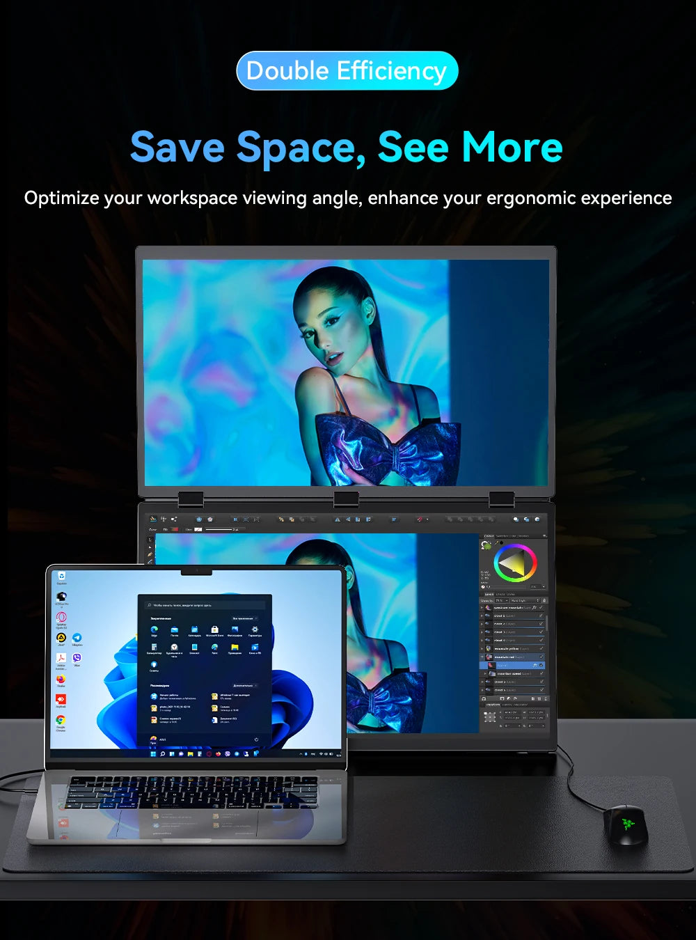UPERFECT 18.5" Dual Screen Portable Monitor 100Hz 100% sRGB 1080P HDR Folding Versatile Solution For PC Mobile Phone Game Consol
