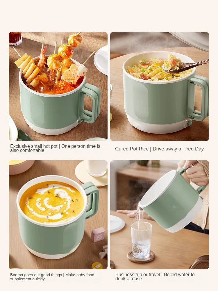 Electric hot pot cooker set in mint-green, showing open pot, pouring, and lid