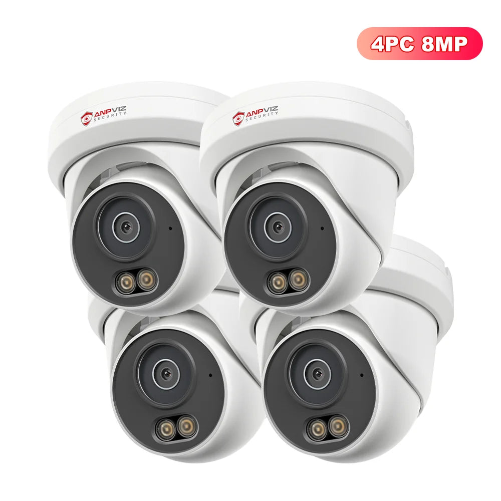 Set of four white turret IP security cameras with lens and dual IR LEDs, 8MP