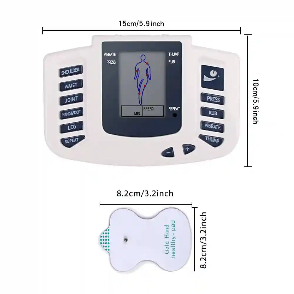 Digital EMS electrostimulator physiotherapy massager with 12 modes, LCD display, and adhesive electrode pads for pain.