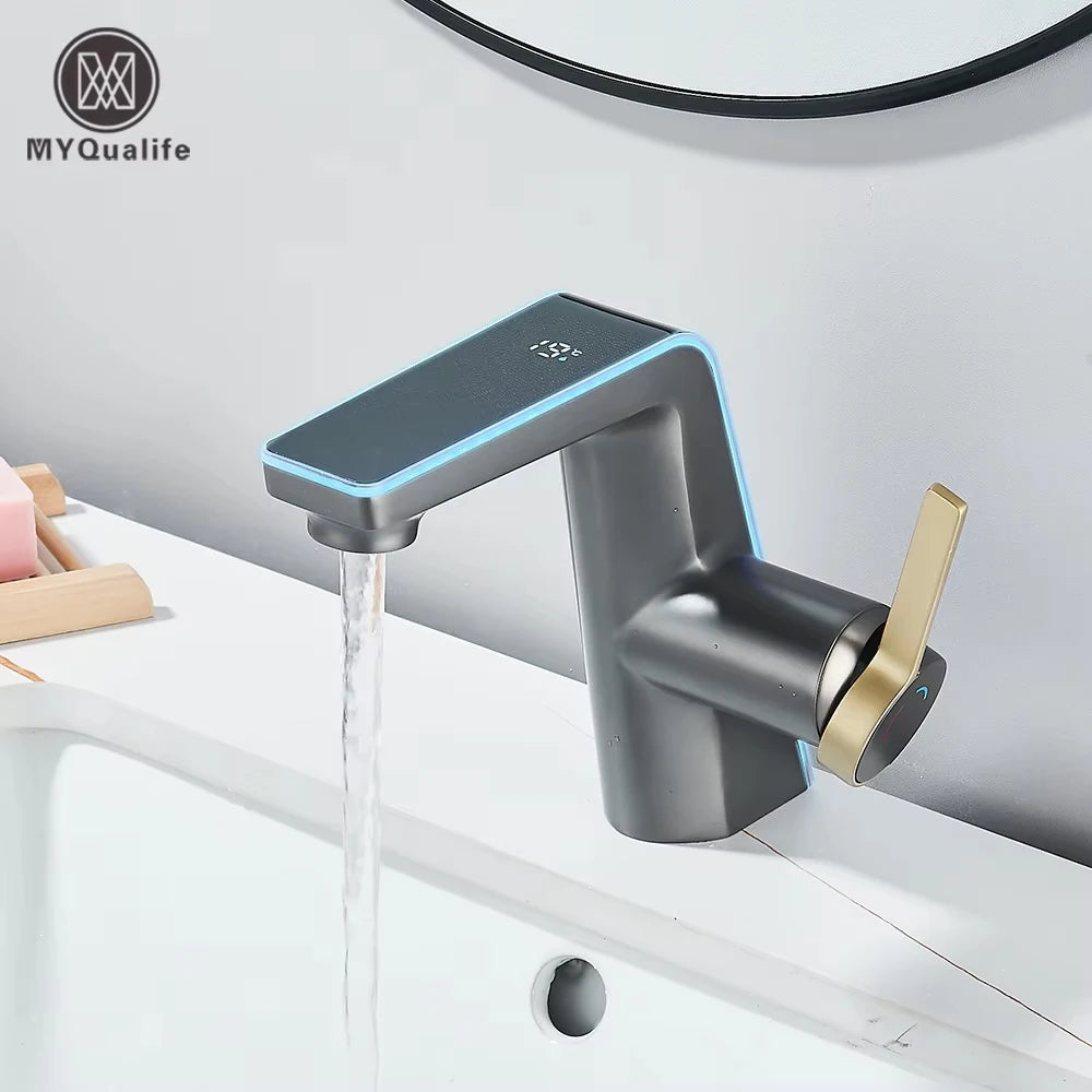 Digital Display Screen Bathroom Basin Sink Faucet 2-ways Spout LED Washbasin Taps Hot Cold Water Deck Mounted Mixers
