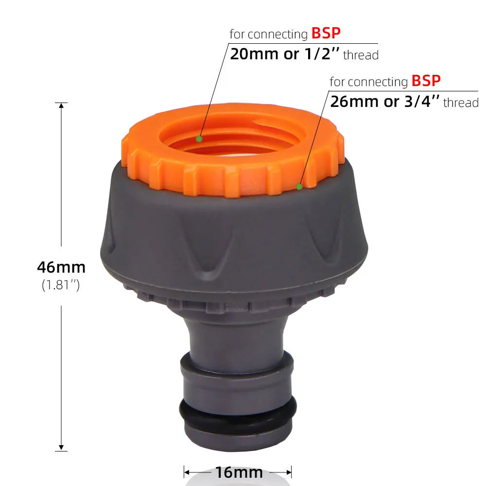 Orange and black hose faucet connector with BSP thread connection; 46mm tall