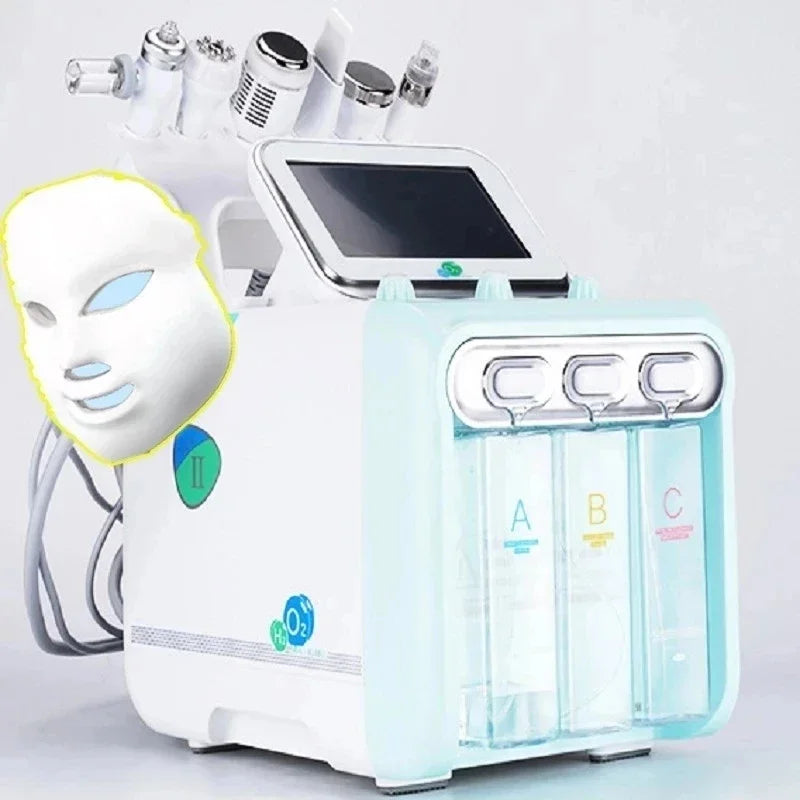 7-in-1 professional hydro facial machine with LED light therapy mask, ultrasonic skin lifting, and oxygen deep clean.