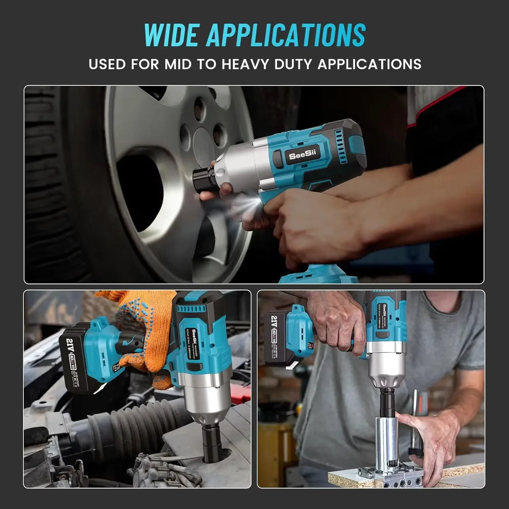 SeeSii 900Nm 1000Nm 1300Nm Cordless Impact Wrench Brushless Electric Impact Gun Kit Battery Powered Tool For Car Tire Repair with 2*4.0Ah Batteries Case LED Light For Makita
