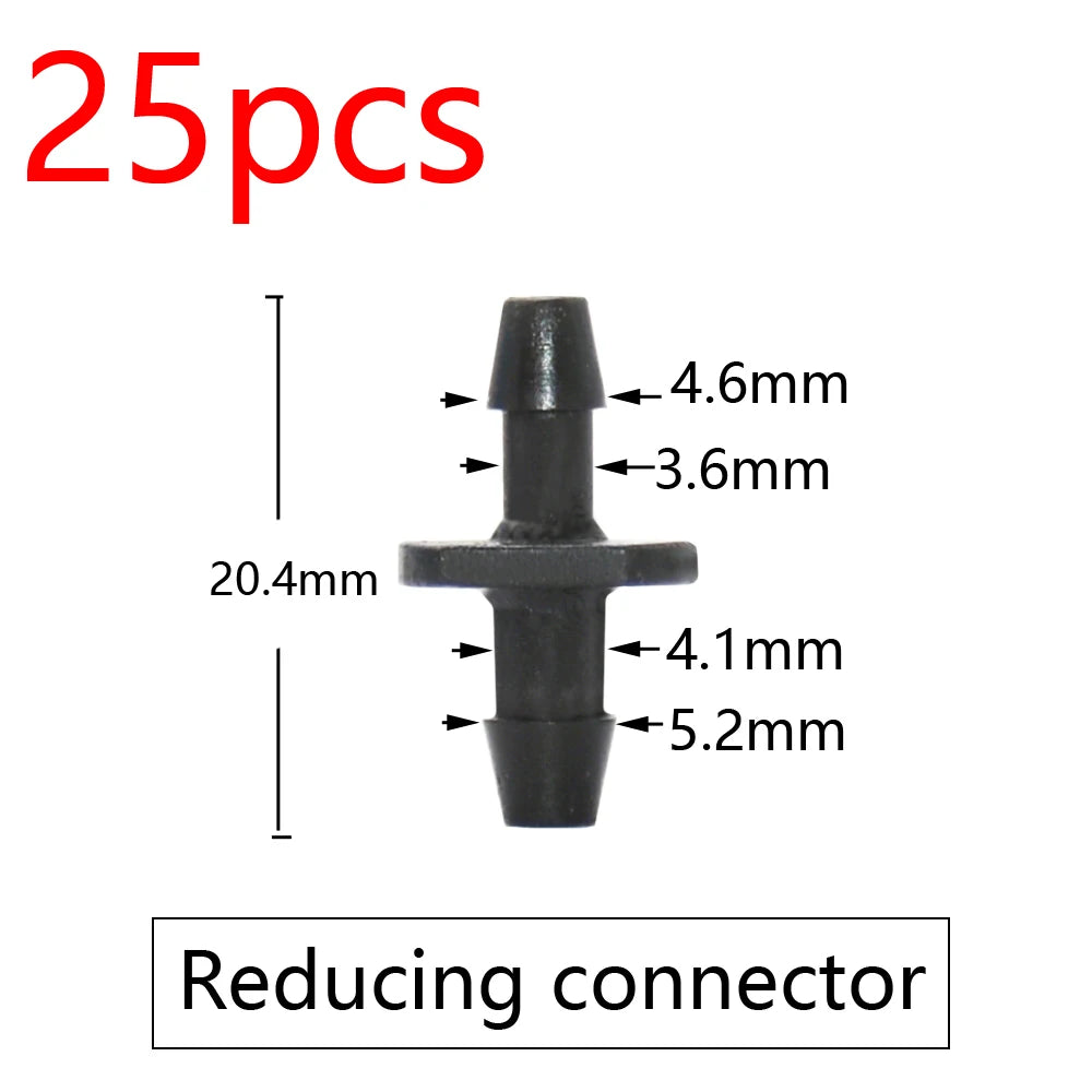 Black reducing hose connector with barbs for drip irrigation tubing sizes