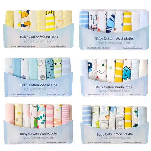 Six sets of 8-pack soft baby cotton washcloths, 9x9 inch assorted colorful printed towels for baby care.