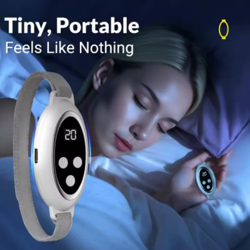 Small white, oval-shaped sleep aid device with a grey fabric wrist strap, digital display, and three control buttons.