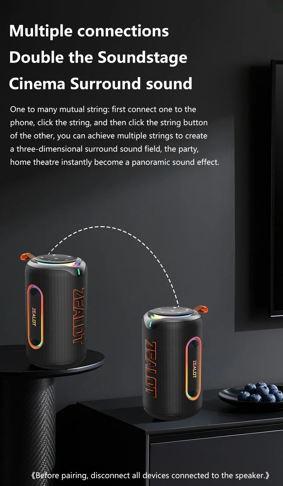 ZEALOT-MP1 60W Wireless Speakers,RGB Light,30 Hours Playtime,, Waterproof IPX 6,Wireless Speaker, Dual Pairing, 8000mAh Battery.