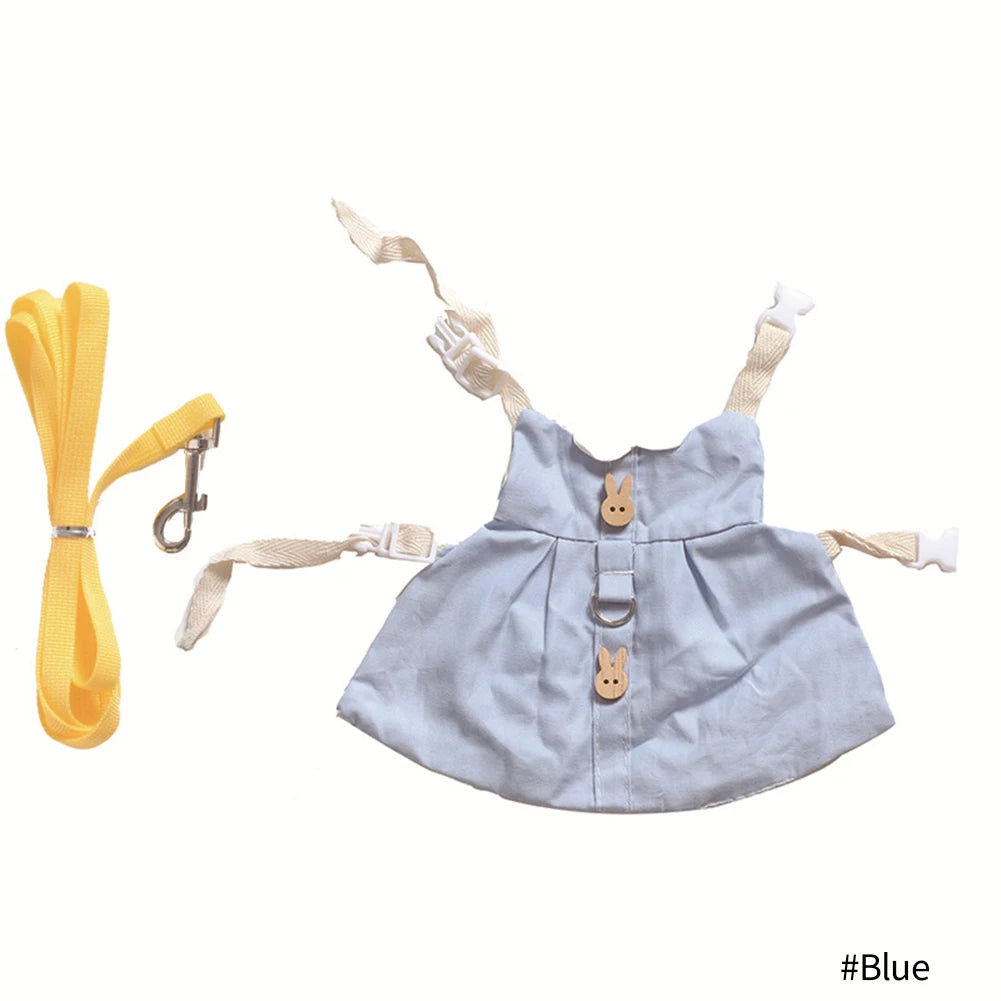 Blue rabbit harness dress with leash for safe outdoor walking, featuring cute bunny buttons for small pets like bunnies.
