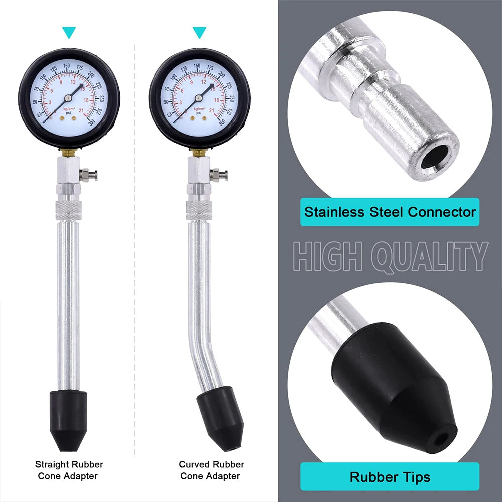 Podofo 8PCS Petrol Engine Cylinder Pressure Gauge 0-300PSI Automotive Compression Tester with Adapters for Vehicle Motorcycle