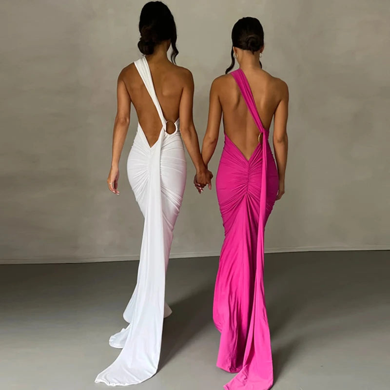 2023 One Shoulder Backless Adjustable Scarf Loop Ruched Sexy Maxi Dress Women Elegant Y2K Streetwear Festival Outfit