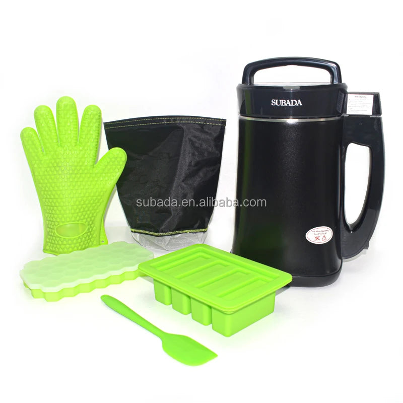 Black multi cooker with lid and green silicone accessories, including gloves