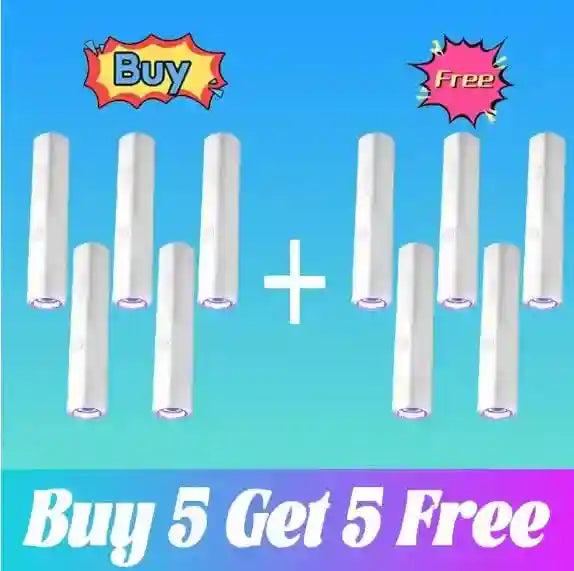 Ten white, cylindrical wart removal pens arranged in two groups of five, separated by a plus sign on a blue background.