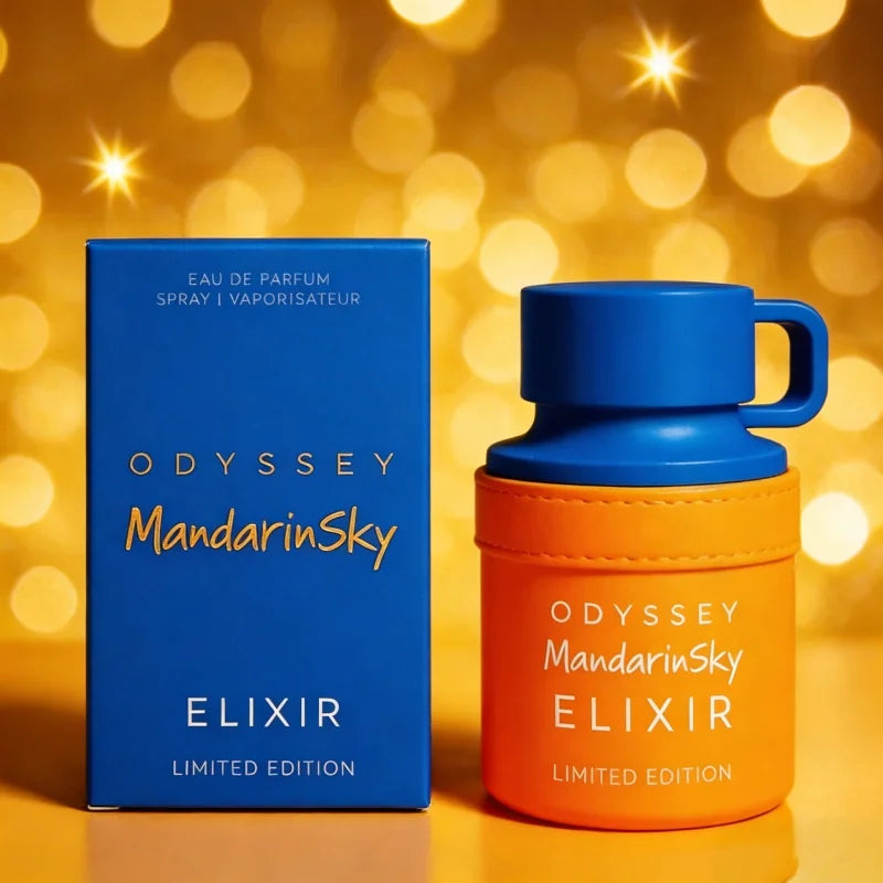 Armaf Odyssey Mandarin Sky Elixir EDP: Unisex 100ml Arabic perfume in a unique blue and orange bottle, floral-citrus.