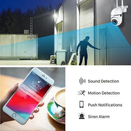 Outdoor WiFi security camera watching a doorway with motion detection and alerts