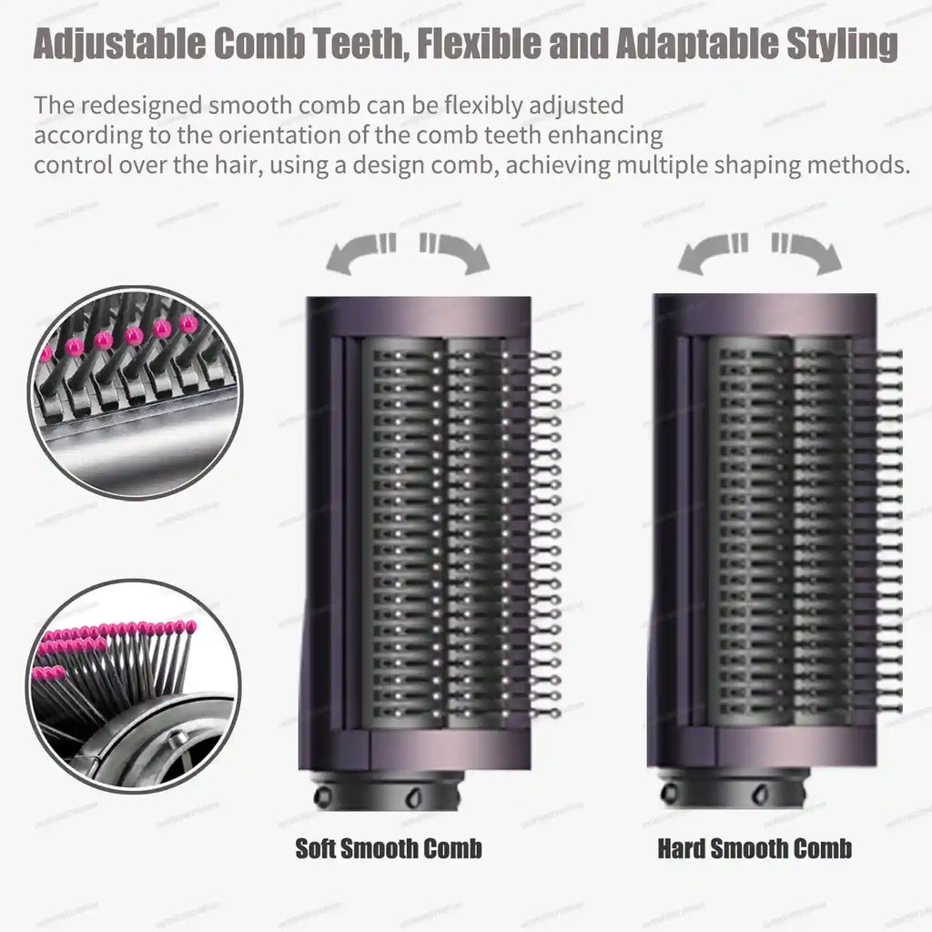 6-in-1 hair styler attachment with adjustable soft and hard smooth comb teeth for versatile hair styling.