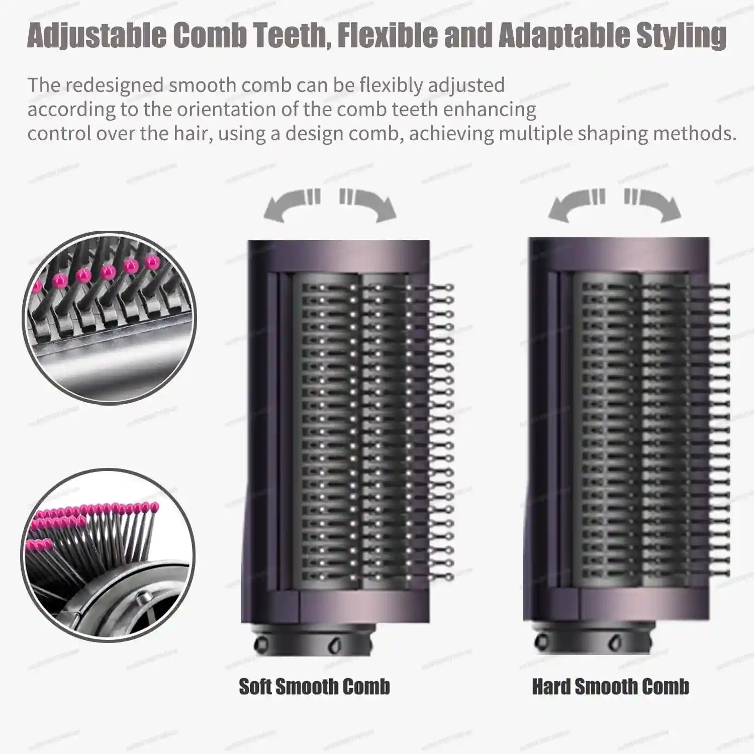 6-in-1 hair styler attachment with adjustable soft and hard smooth comb teeth for versatile hair styling.