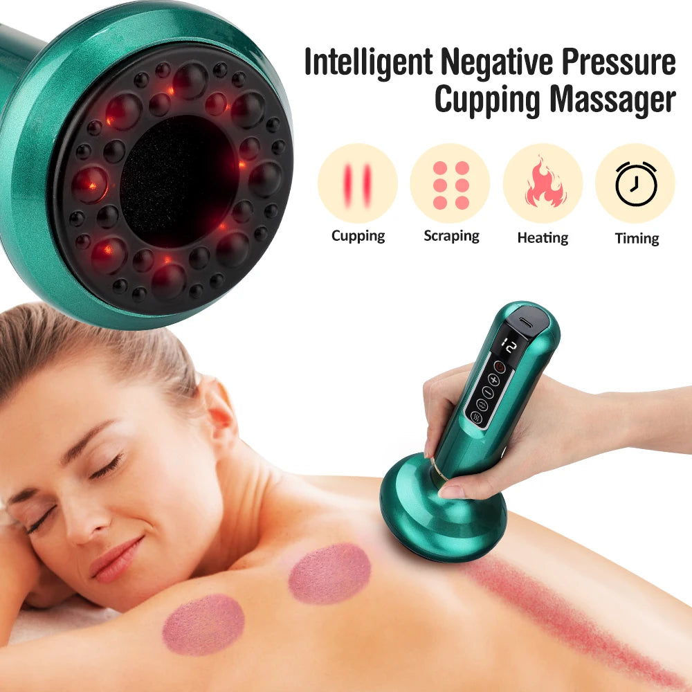 Green electric cupping massager for anti-cellulite therapy with vacuum suction, heat, and gua sha scraping features.