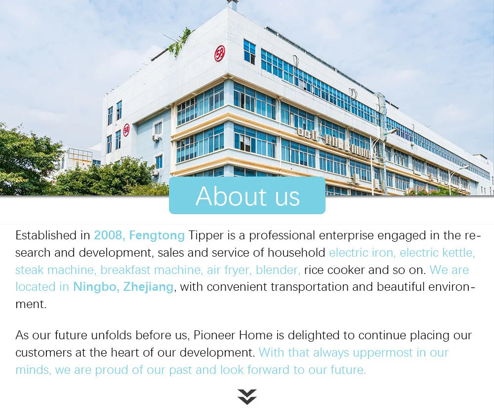 Company info slide with “About us” heading and building exterior photo