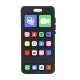 Black silicone baby teething toy shaped like a smartphone for soothing sore gums.