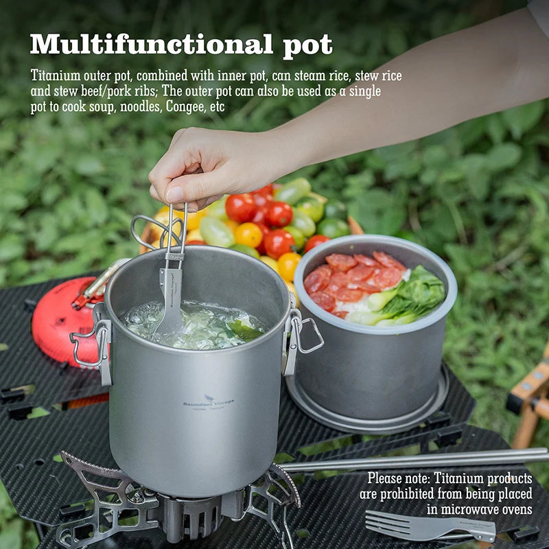 Two-piece titanium pot rice cooker set with open lid and steaming inner pot, grey