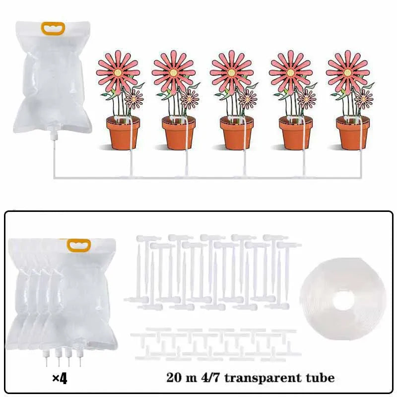 Automatic drip irrigation watering bag kit diagram with multiple drippers and transparent tube