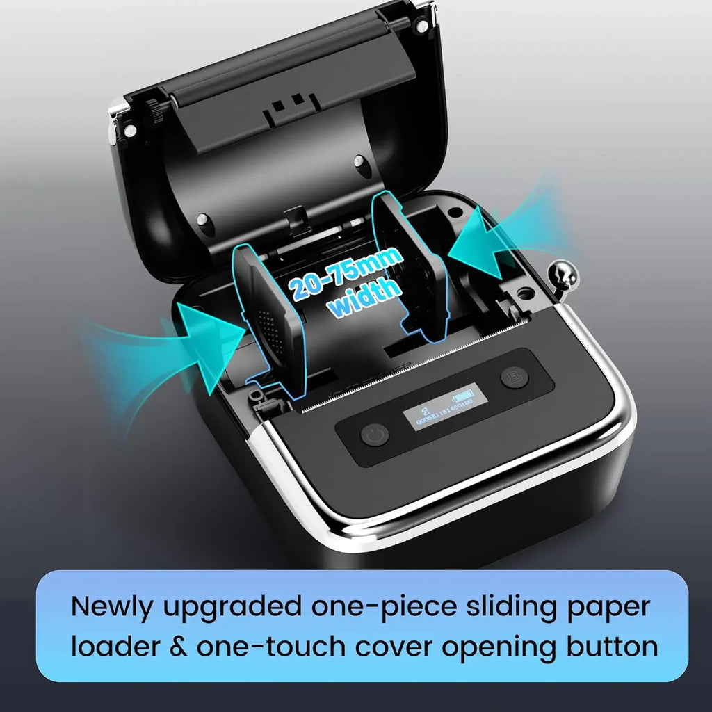 Thermal label printer with open sliding loader and one-touch cover opening
