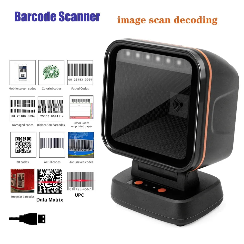 Desktop barcode scanner with square scan window and stand base, black with orange trim