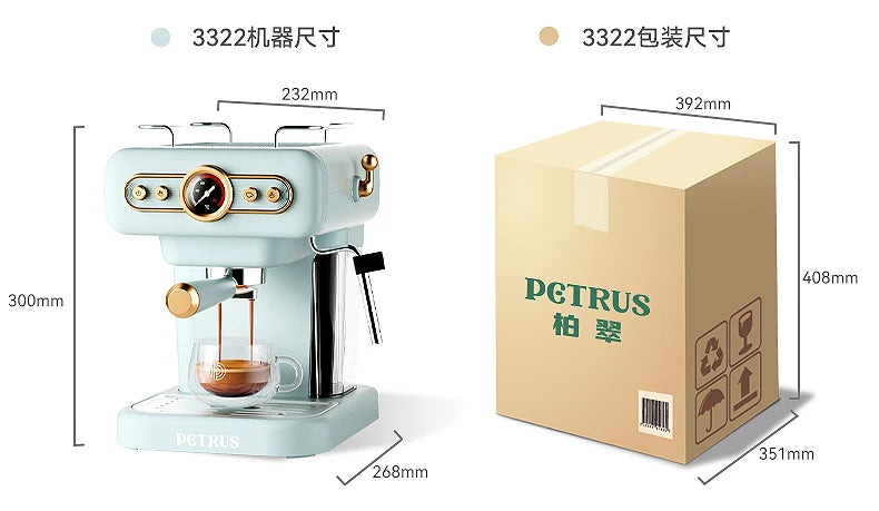 Petrus light blue espresso coffee machine with vintage gauge design, showing product and packaging dimensions.