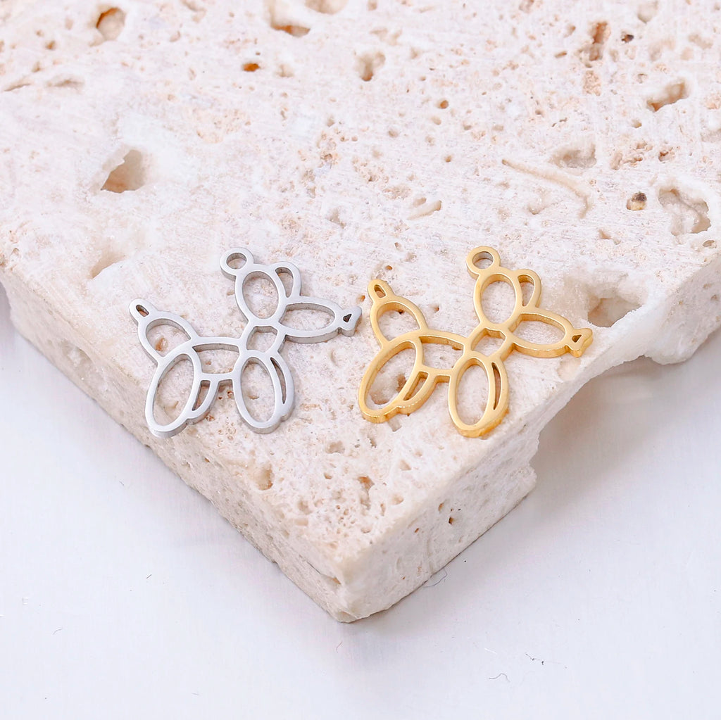 5pcs gold and silver stainless steel balloon dog pendants for DIY pet-themed jewelry making and necklace charms.