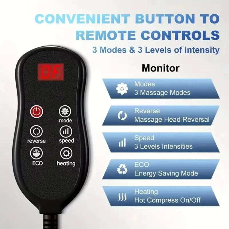 Black remote control for electric foot and calf massager with 3 modes, speed intensity, ECO mode, and heat settings.