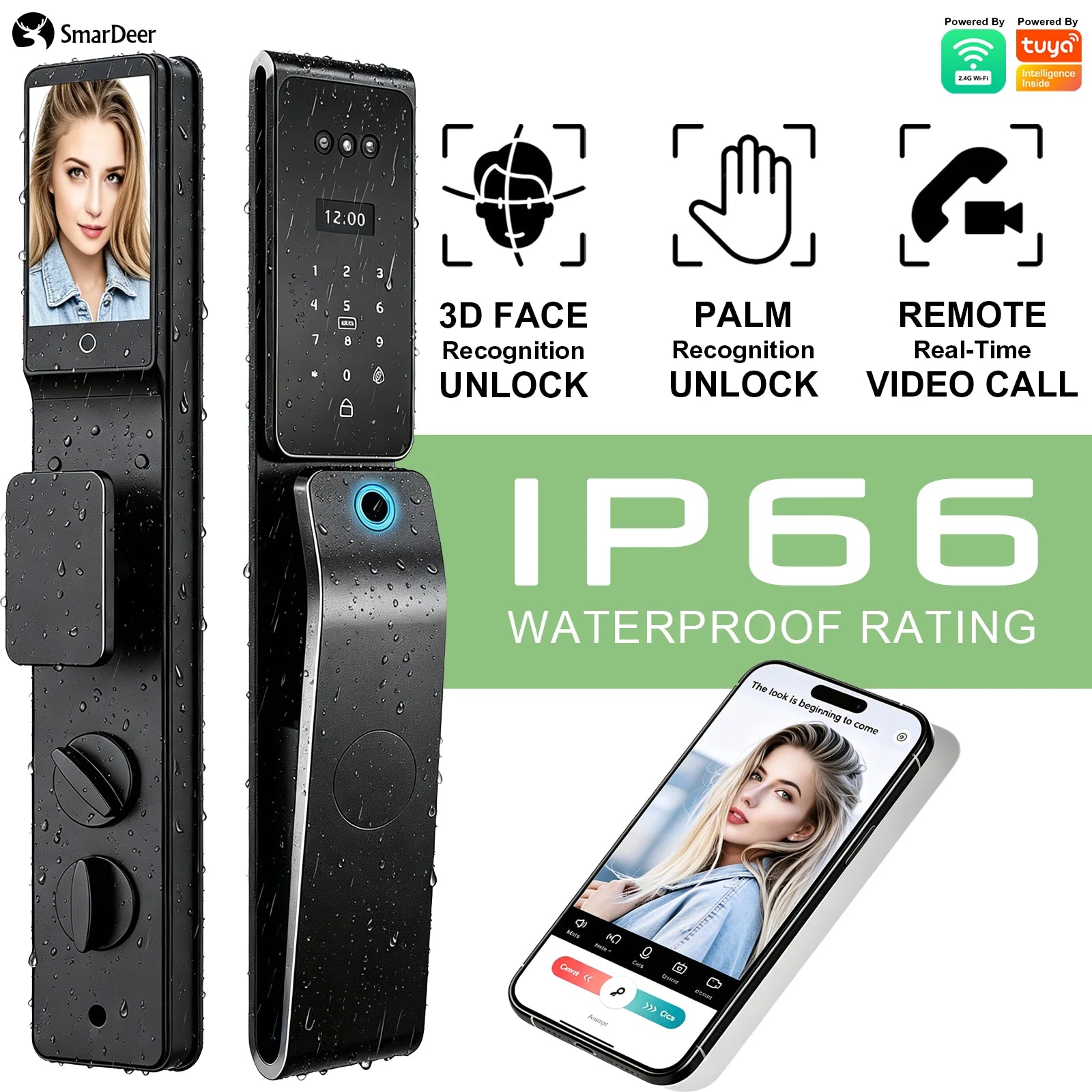 SmarDeer IP66 Outdoor Waterproof Smart Lock,3D Facial & Palm Vein Recognition Lock,Tuya WiFi Keyless Entry Security Lock