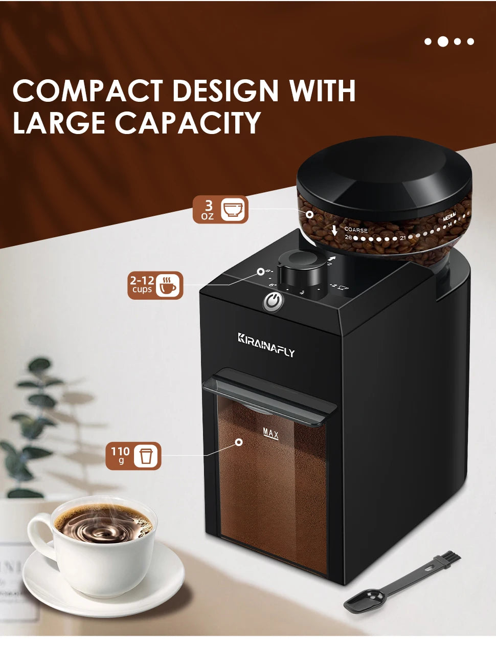 Kirainafly compact black electric coffee grinder with 3oz bean hopper, 110g ground capacity, and 12-cup grind settings.