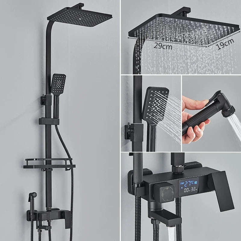 4 Ways Digital Display Shower Faucet Bathroom Thermostatic/Hot Cold Rainfall Shower Head Brass Rotate Mixers Bidet Faucet