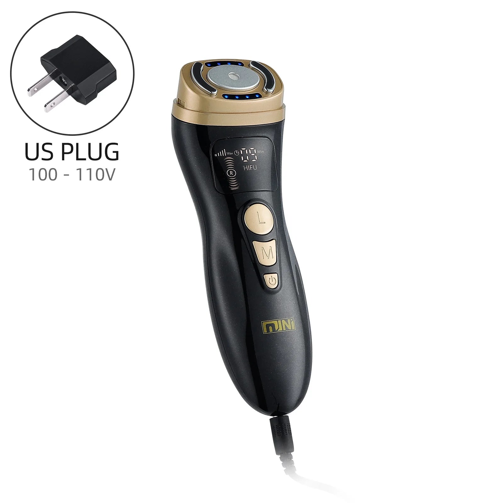 Black and gold handheld HIFU facial massager with a digital display, buttons, and a US power plug.